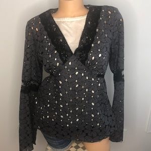 INC V-Neck Black Lace Flowered Shirt